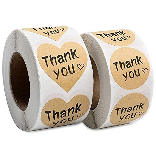 Immuson 1000 pcs Thank You Stickers, 1000 pcs Kraft Heart Shape and Round Adhesive Labels Sticker for Gift, Wedding, Party