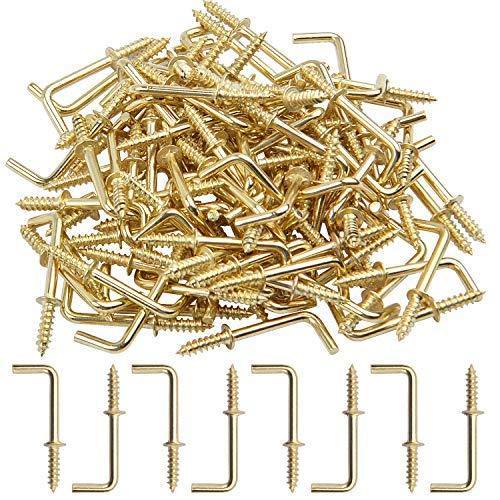 Metal Screw in Hooks, 100pcs 3/4 Inch Right Angle Screw Hooks Square Bend Hooks Self-Tapping Scew Hook for Hanging, Gold