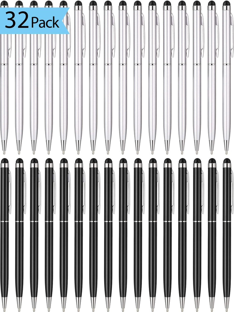 Outus 32 Pieces Stylus Pen for Touch Screens, 2 in 1 Universal Ballpoint Fine Tip Stylus Metal Pens, Black Ink, for Most Capacitive Touch-Screen Phone Tablet (Black, Sliver)