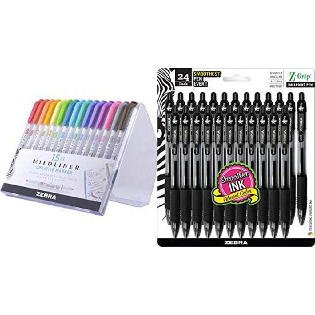 Zebra Pen Mildliner, Assorted colors, 15-Count And Z-Grip Retractable Ballpoint Pen, Black, 24-Count, Bundle