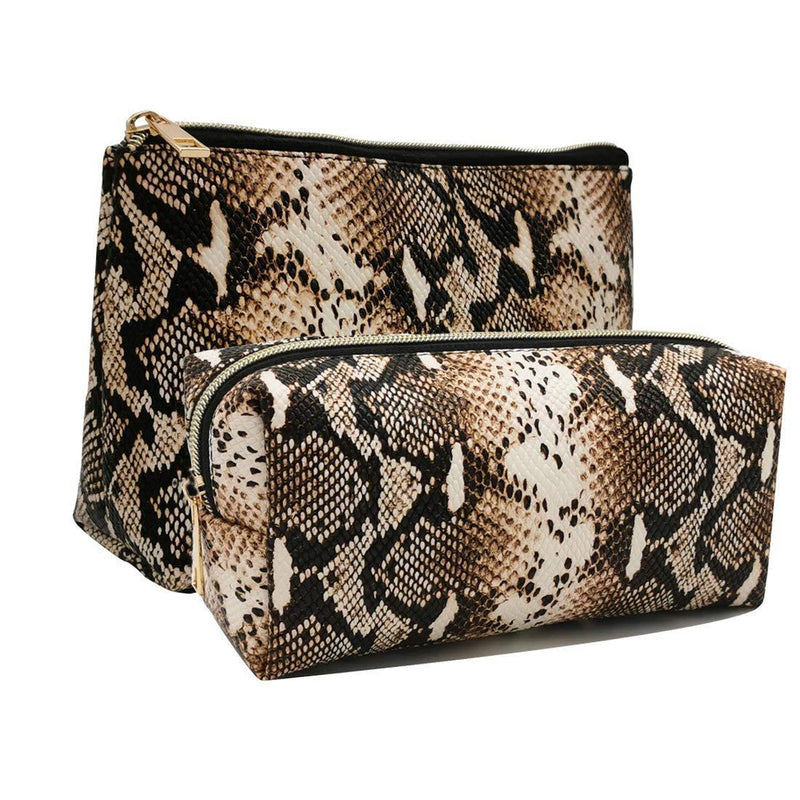 2 Pack Makeup Bag Organizer Set Portable Large Cosmetic Pouch Travel Brush Holder PU Handbag with Gold Zipper Pencil Storage Case for Women Purse,Snake Skin Snake skin