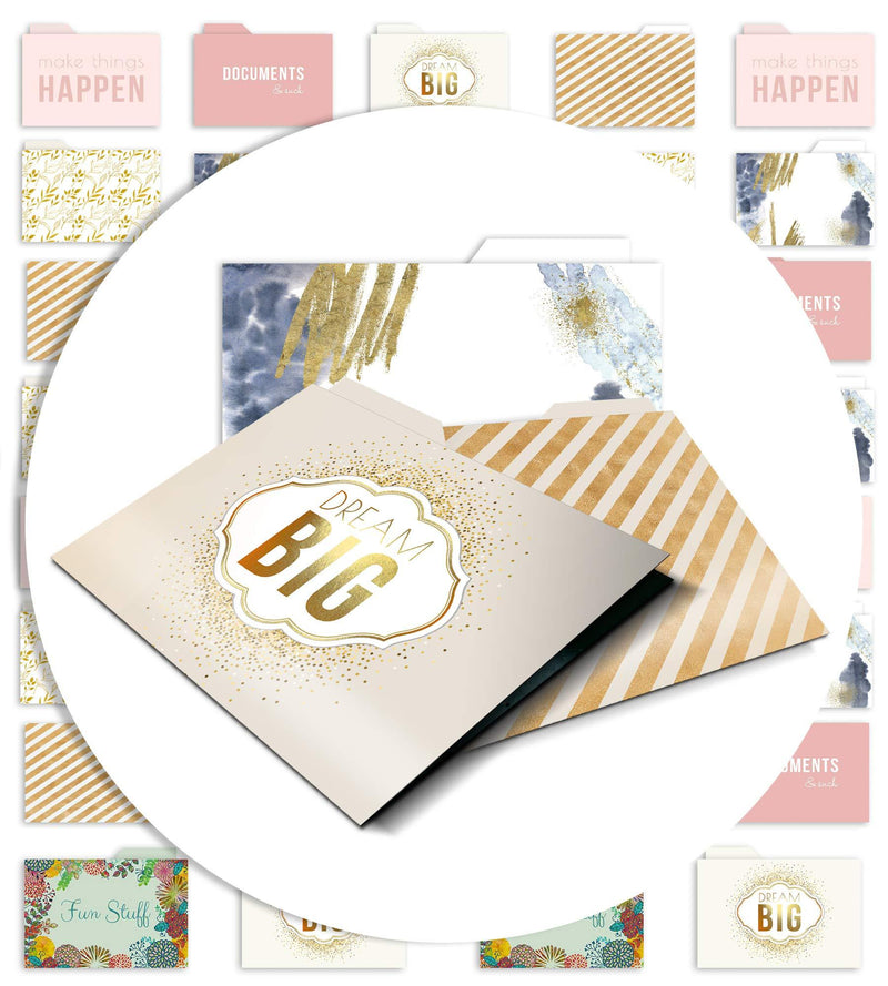 File Folder Set - 14 Colored (Gold Foil, Pink & More) 9.5" x 11.5" Letter Size Decorative Folders w/Inside Pockets - Pack has 2 of Each of The Cute & Pretty Designs - Filing Organizer Office Supplies 14 Pack Gold Foil