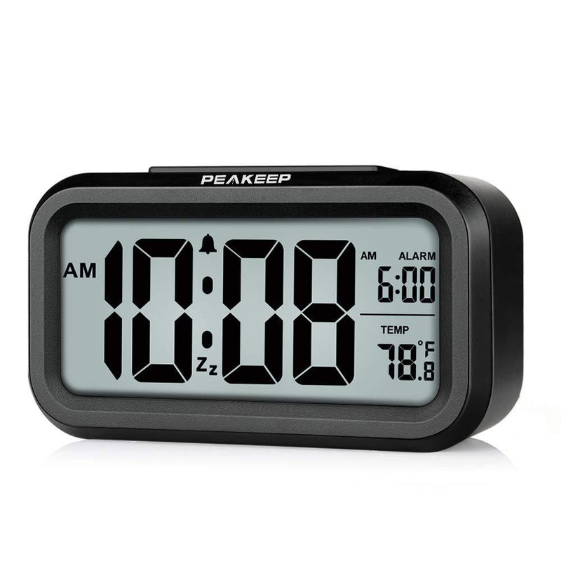 PEAKEEP Smart Night Light Digital Alarm Clock with Indoor Temperature, Battery Operated Desk Small Clock (Black) Black