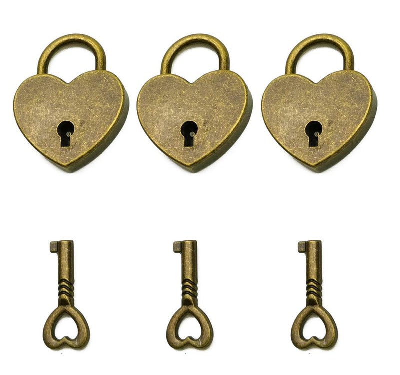 Hyamass 3pcs Vintage Antique Style Mini Heart Archaize Padlocks Key Lock with Keys(Bronze)