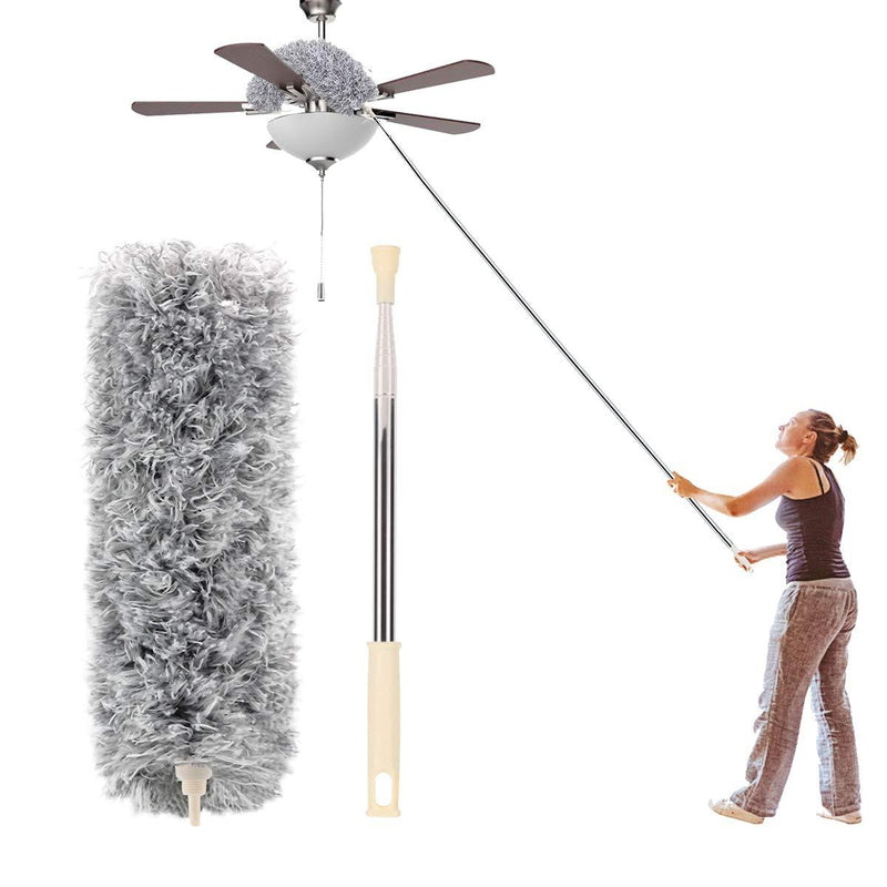 Microfiber Duster with Extension Pole(Stainless Steel) 30 to 100'', with Bendable Head, Extendable Long Duster for Cleaning Ceiling Fan, High Ceiling, Keyboard, Furniture Cars