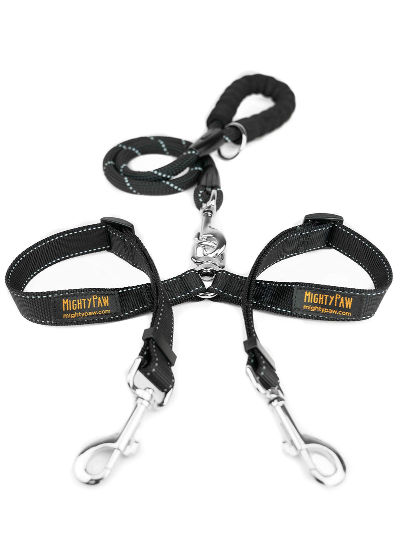 Mighty Paw Double Dog Leash | Dual Two Pet Lead with Comfort Grip, and Weatherproof Climbers Rope Handle. Tangle-Free 360° Swivel Hook. Adjustable Splitter for Small Medium and Large Breeds (Black) Black