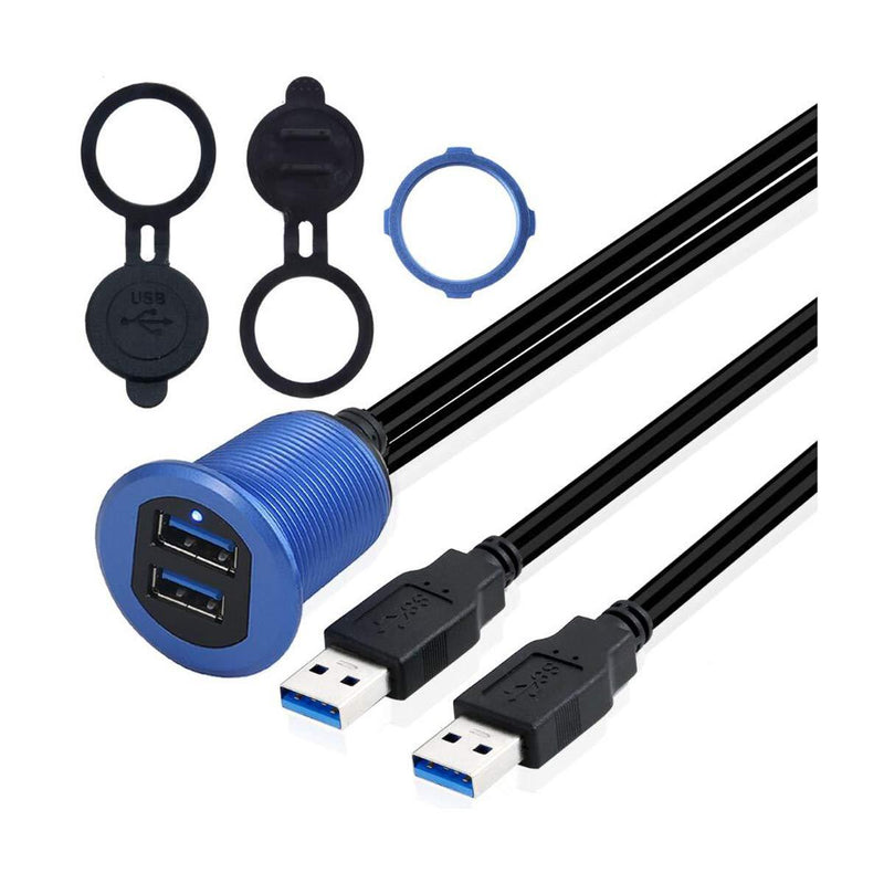 Kework Metal Dual USB 3.0 Ports Mount with Light, 3.3ft 2 Ports USB Male to 2 Ports Female Flush Mount Panel Mount Extension AUX Cable for Car Truck Boat Motorcycle Dashboard (Blue & 3.3ft) Blue & 3.3ft