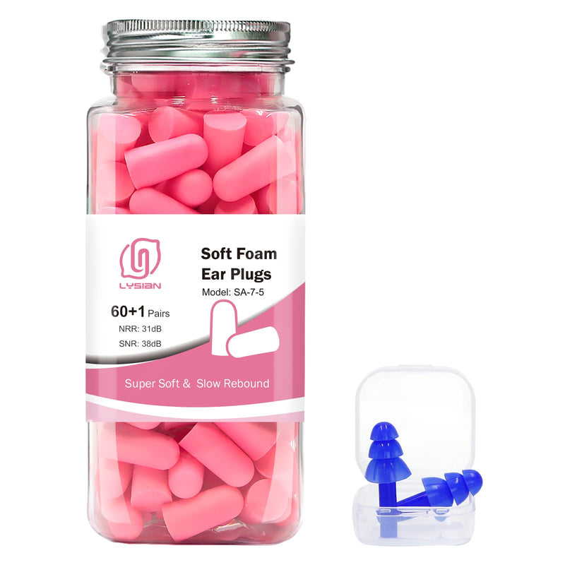 LYSIAN Pink Color Ultra Soft Foam Earplugs 60 Pairs with Reusable Silicone Earplug, 38dB SNR Ear Plugs, Sleeping, Snoring, Shooting, Travel and All Loud Events