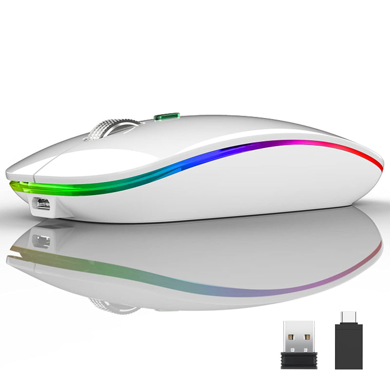 LED Wireless Mouse, Uiosmuph G12 Slim Rechargeable Wireless Silent Mouse, 2.4G Portable USB Optical Wireless Computer Mice with USB Receiver and Type C Adapter (White) White