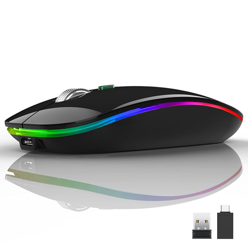 LED Wireless Mouse, Uiosmuph G12 Slim Rechargeable Wireless Silent Mouse, 2.4G Portable USB Optical Wireless Computer Mice with USB Receiver and Type C Adapter (Black) Black