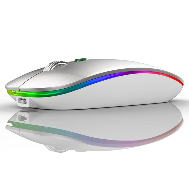 LED Wireless Mouse, Uiosmuph G12 Slim Rechargeable Wireless Silent Mouse, 2.4G Portable USB Optical Wireless Computer Mice with USB Receiver and Type C Adapter (Silver) Silver