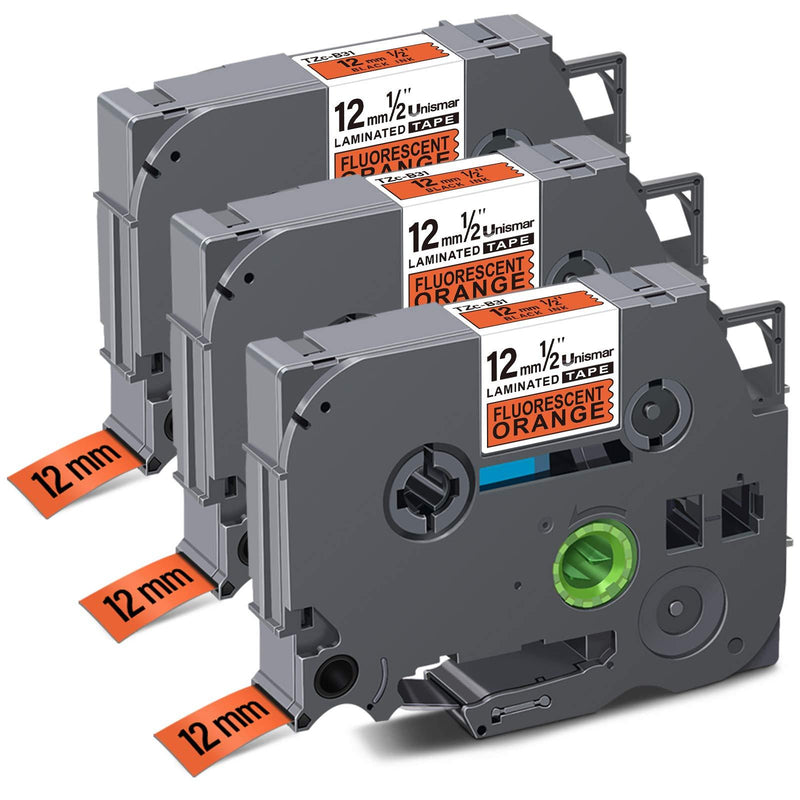 Unismar Compatible Label Tape Replacement for Brother TZe-B31 for PT-D200 PT-D210 PT-D600 PT-D400 PT-H100 PT-H110 PT-1280 PT-1290 Label Maker, 1/2" x 26.2', Black on Fluorescent Orange, 3-Pack