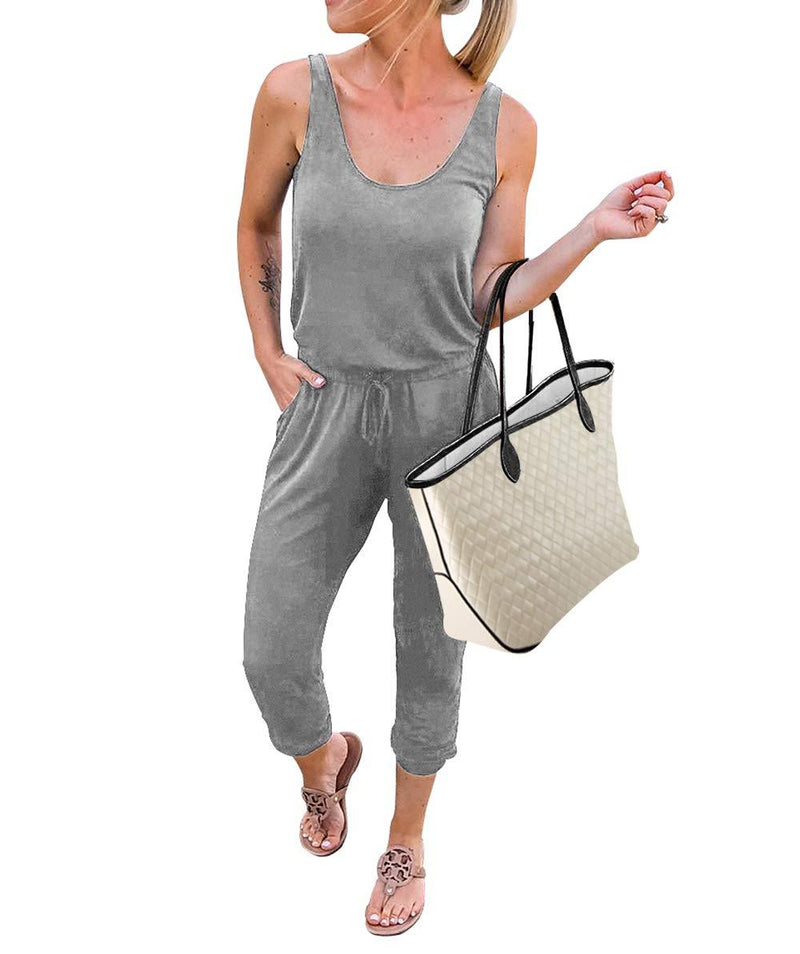 KIRUNDO Women's Summer Jumpsuits Casual Sleeveless Jumpsuit Drawstring Elasitic Waist Romper Pajama Style 3_ Gray Small