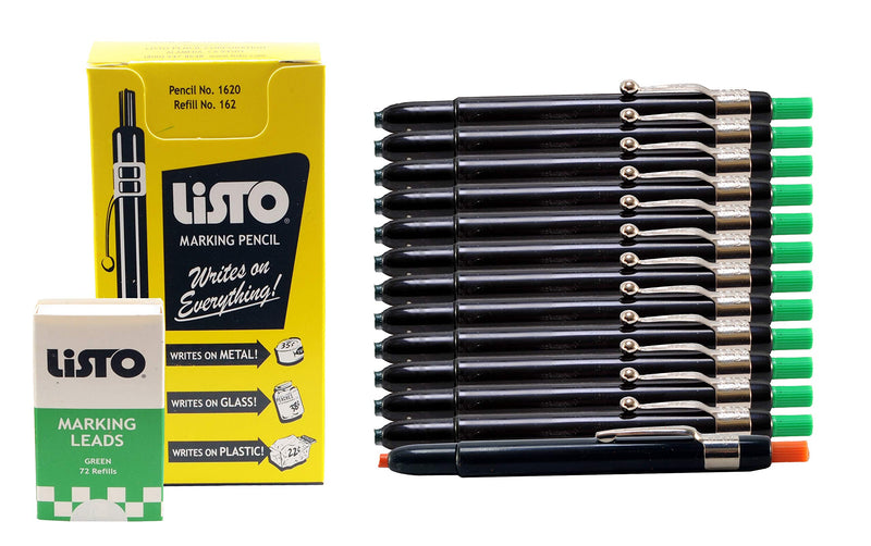 Listo 1620 and 162 Marking Pencils Kit, Color: Green, 12 Pencils, 72 Refill Leads - Grease Pencils/China Marking Pencils/Wax Pencils. 1 x Orange Pencil Included. (12-Pencils, 72-Refills, Green)