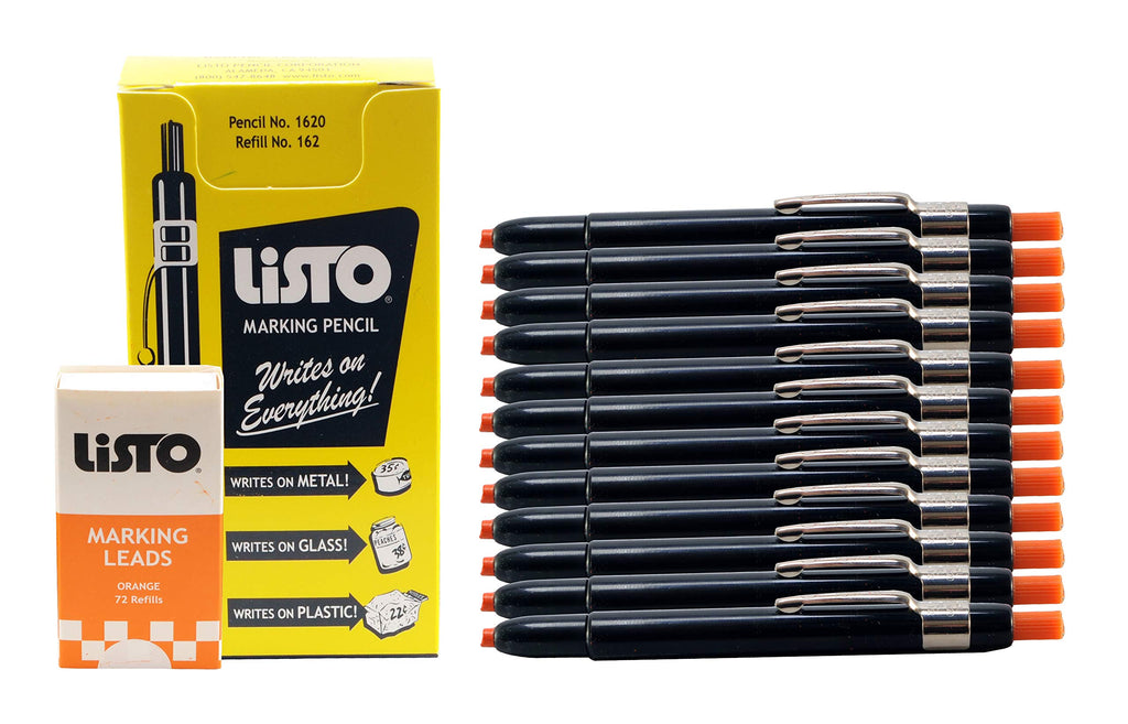 Listo 1620 and 162 Marking Pencils Kit, Color: Orange, 12 Pencils, 72 Refill Leads - Grease Pencils/China Marking Pencils/Wax Pencils. (12-Pencils, 72-Refills, Orange)