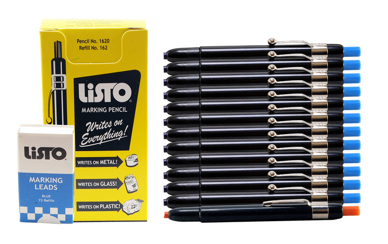 Listo 1620 and 162 Marking Pencils Kit, Color: Blue, 12 Pencils, 72 Refill Leads - Grease Pencils/China Marking Pencils/Wax Pencils. 1 x Orange Pencil Included. (12-Pencils, 72-Refills, Blue)