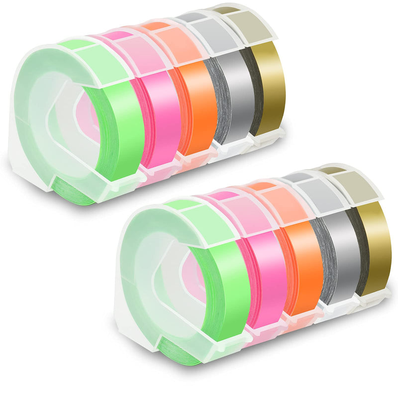 Pristar Compatible for DYMO Embossing 3D Plastic Label Tapes 9mm, Work with DYMO Label Makers LabelManager 1610, Organizer Xpress Pro, Neon Pink/Orange/Green/Gold/Silver, 3/8" x 9.8', 10-Pack