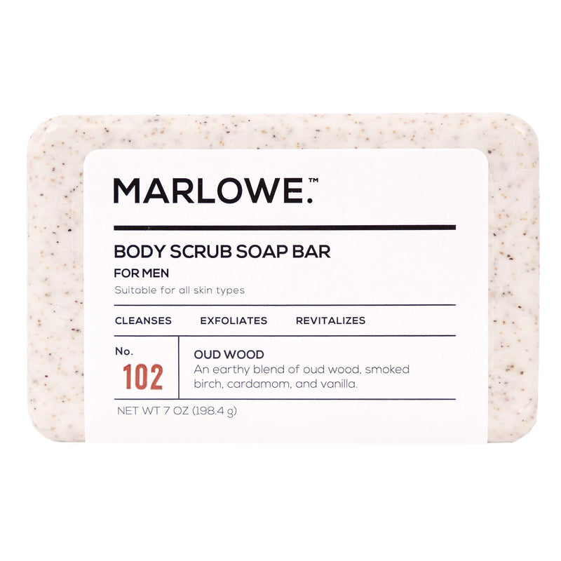 MARLOWE. No. 102 Men's Body Scrub Soap 7 oz | Earthy Oud Wood Scent | Best Exfoliating Bar for Men | Made with Natural Ingredients | Green Tea Extract | Updated Scent 7 Ounce (Pack of 1)