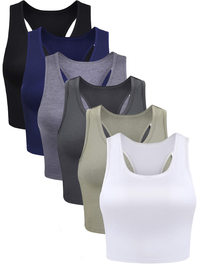 6 Pieces Basic Crop Tank Tops Sleeveless Racerback Crop Sport Top for Women Black, White, Dark Grey, Navy, Grey, Olive Small