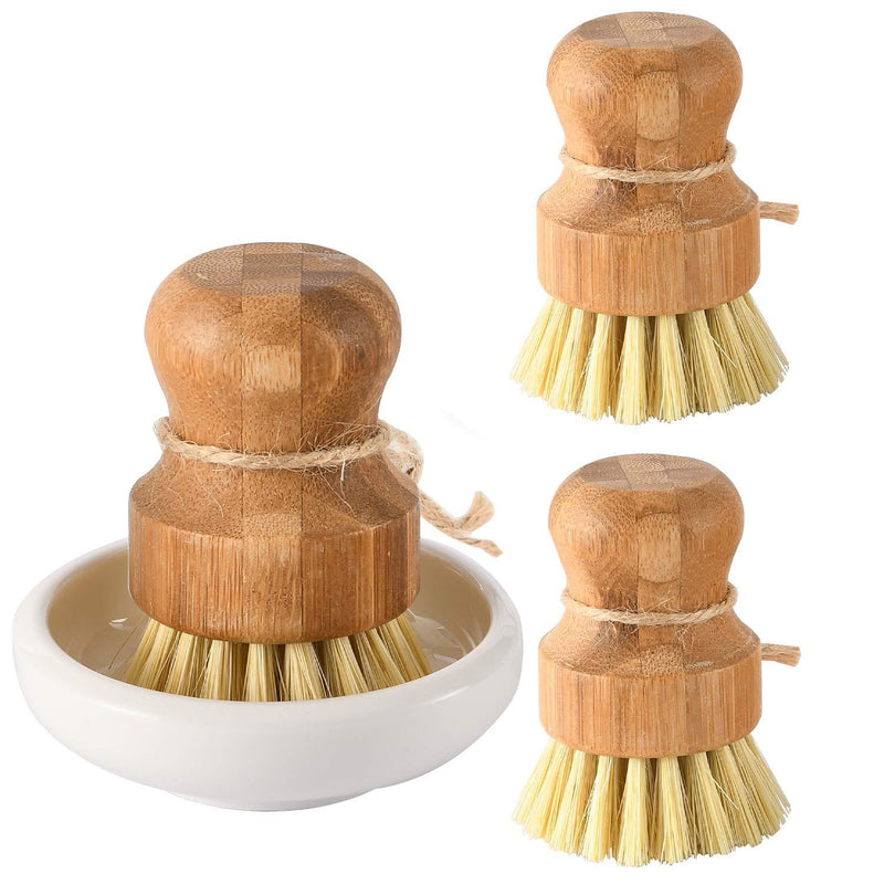 Bamboo Dish Scrub Brushes by Subekyu, Kitchen Wooden Cleaning Scrubbers Set for Washing Cast Iron Pan/Pot, Natural Sisal Bristles, Set of 3 Ceramics Base + 3p Sisal Brushes