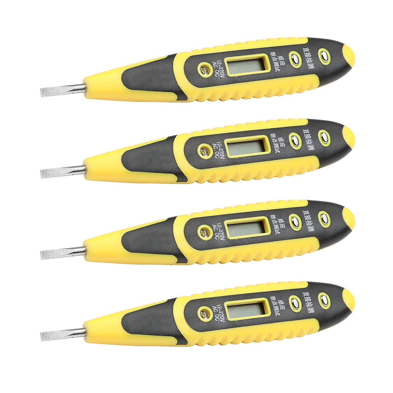 Fielect 4pcs Test Screwdriver, Voltage Detector Pen Light Circuit Tester Electric Test Pen Screwdriver AC/DC 12-220V Contact Induction Blue Screen Display Yellow Black 4Pcs