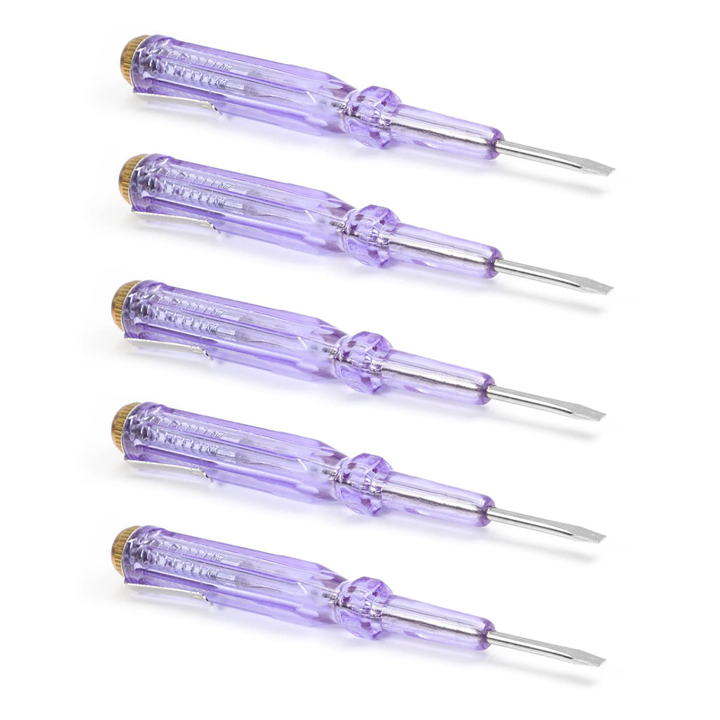 Fielect 5pcs Circuit Tester, Voltage Tester Pen Screwdriver Electric Test Detector, Slotted Screwdriver Test Pen 100-500V Purple transparent silver gold 5Pcs