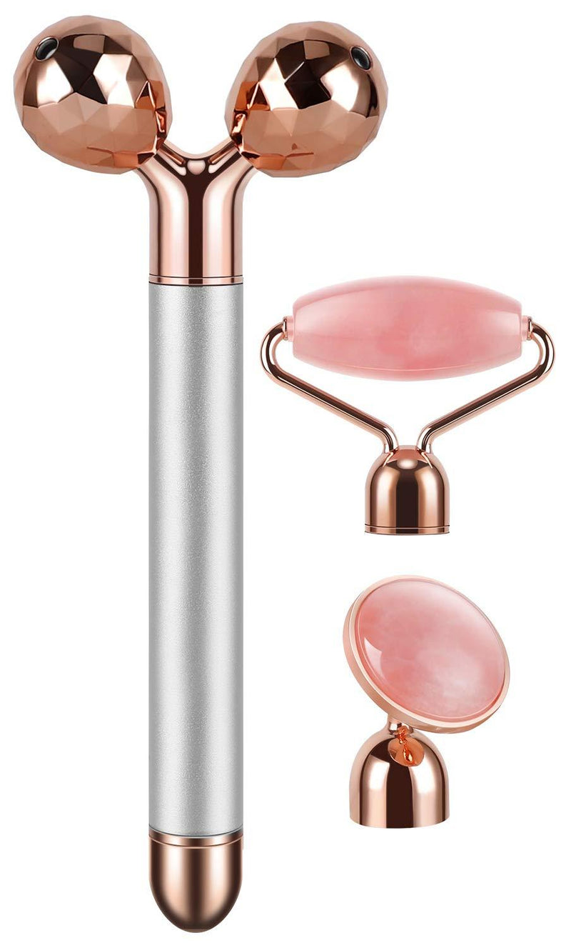 3-IN-1 Electric Jade Roller Vibrating Facial Roller & Face Massager, Rose Quartz Rose Silver