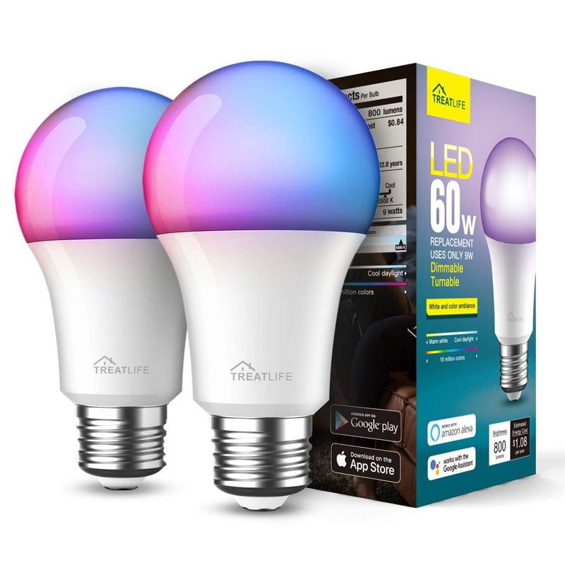 Smart Light Bulbs 2 Pack, Treatlife 2.4GHz Music Sync Color Changing Light Bulb, Works with Alexa, Google Home, A19 E26 9W 800 Lumen LED Dimmable Smart Bulb, for Party Decoration, Smart Home Lighting