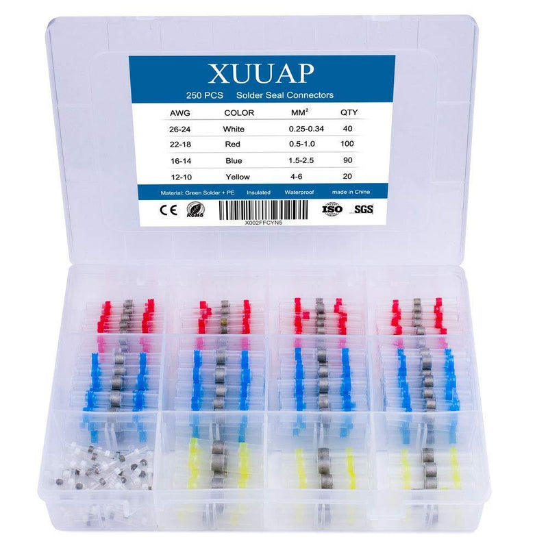 XUUAP 250 pcs Solder Seal Wire Connectors Kit, Waterproof Self-Solder Heat Shrink Butt Connectors Insulated Electrical Terminals Assortment 250pcs Kit