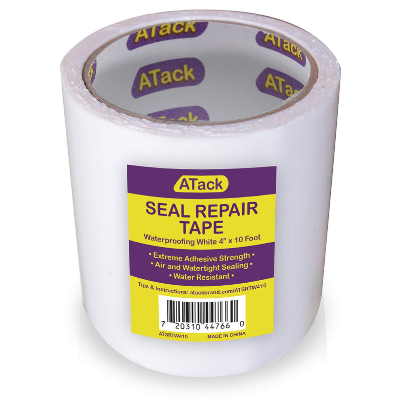 ATack Waterproof Patch and Seal Tape, White, 4 Inches x 10 Feet, Water Barrier Tape for Stop Leak Repair on Pipes, Chimney, Roof, Boat, and HVAC