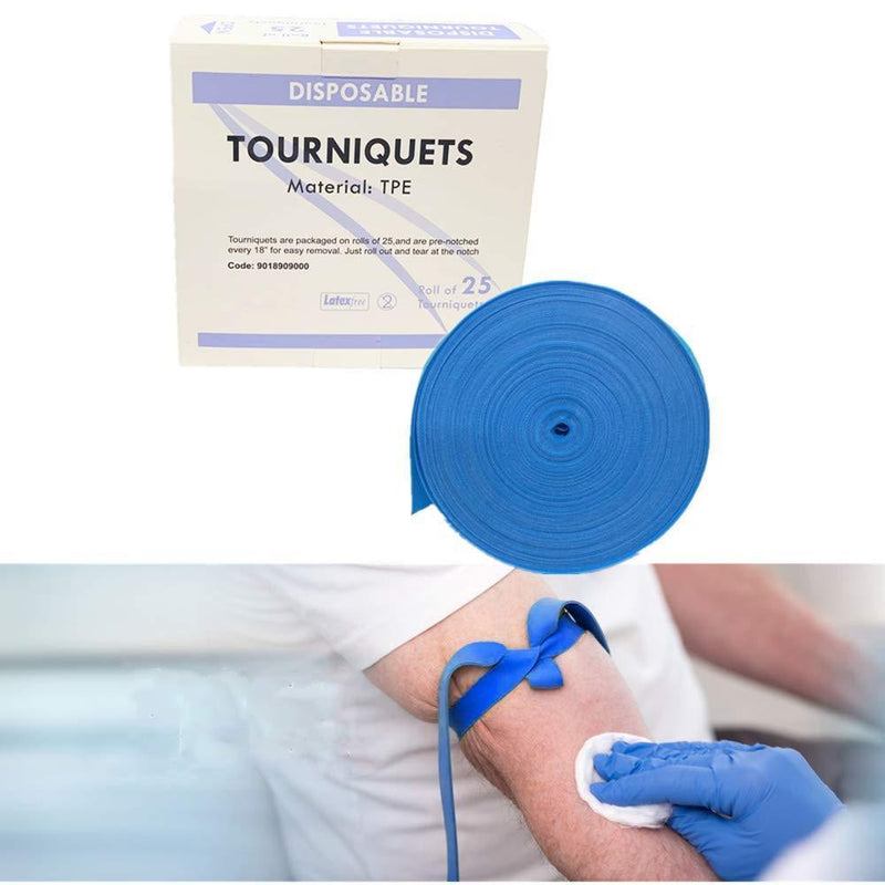 Disposable Tourniquet for Adult Child - Latex Free, TPE, 18 Inch Long, Roll of 25 pcs, Blue