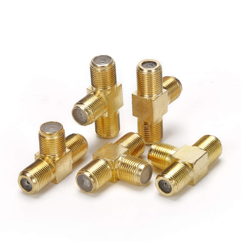 TLS.eagle 5 Pack Gold Plated F Type RG6 Female to 2 Female 3 Way Coax Cable T Splitter Adapter Connector