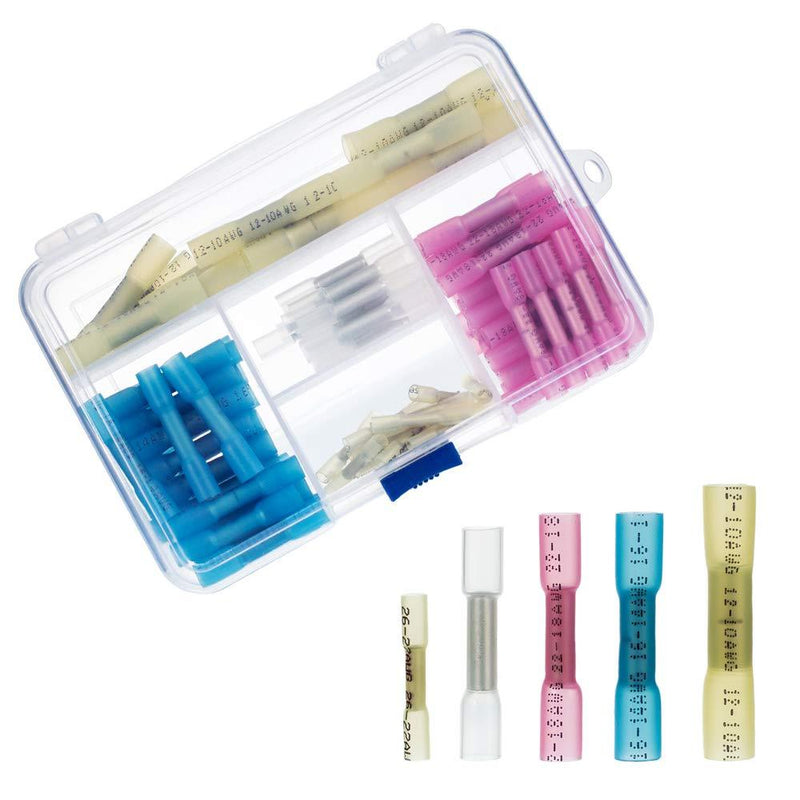 Heat Shrink Butt Connectors 128pcs Electrical Crimp Heat Shrink Wire Connectors Kit Marine Automotive Wire Crimp Terminals Butt Splice Set for 10~12 14~16 18~22 24-26AWG butt connectors-128pcs