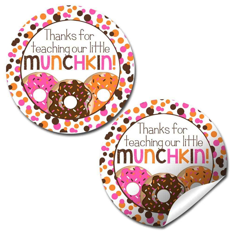 Our Little Munchkin Donut Themed Teacher Appreciation Thank You Sticker Labels, 40 2" Party Circle Stickers by AmandaCreation, Great for Envelope Seals & Gift Bags