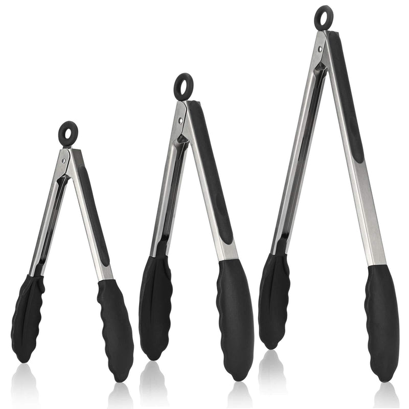 Kitchen Tongs, U-Taste 7/9/12 inches Cooking Tongs, with 600ºF High Heat-Resistant Non-Stick Silicone Tips, 18/8 Stainless Steel Handle, for Food Grill, Salad, BBQ, Frying, Serving, Pack of 3(Black) 600ºF Heat Resistant Black