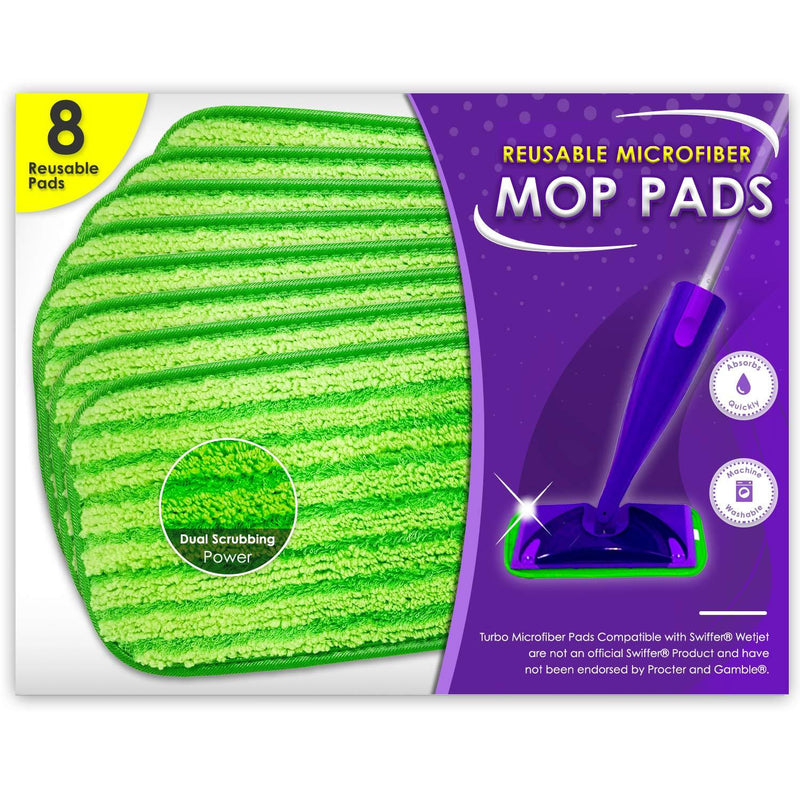 Turbo Microfiber Mop Pads - Pack of 8 Reusable, 12-inch Floor Pad Refills - Compatible with Swiffer Wet Jet Mops - Household Cleaning Tools