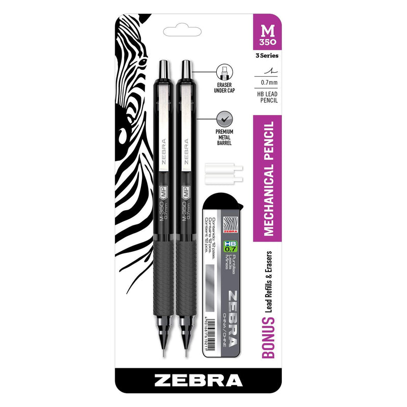 Zebra Pen M-350 Mechanical Pencil, 0.7mm Point Size, Space Black Barrel, Refillable Eraser, 2 Pack 2-Pack