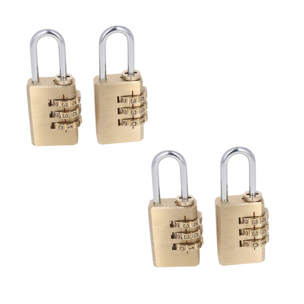 MroMax 4Pcs Solid Brass Padlock 3 Digit Combination Padlock 3mm Shackle Dia 30mm Body Height for Indoor and Outdoor Small Safety Luggage