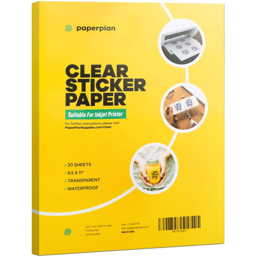 (20 Sheets) Clear Sticker Paper for Inkjet Printer Transparent 8.5 x 11 Vinyl - Printable Sheets Matte DIY Personalized Stickers Murals Decals Labels Weatherproof Self Adhesive // Paper Plan