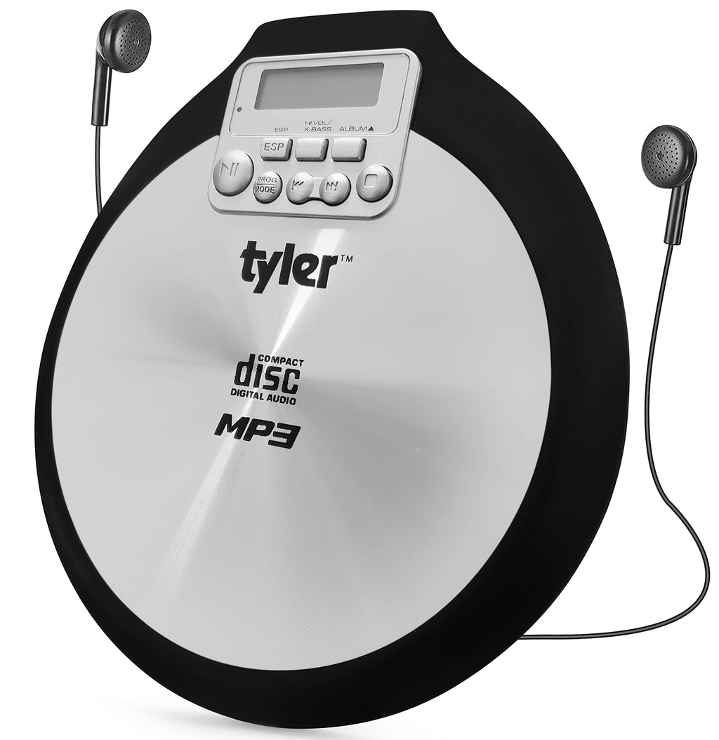 Tyler TDM-01 Portable CD Player - Multi-Function Music Device for Compact Disc, CD-R, CD-RW, CD-MP3 - X-Bass Stereo Sound and Anti-Shock - Pro-Earbuds - Black and Silver Design