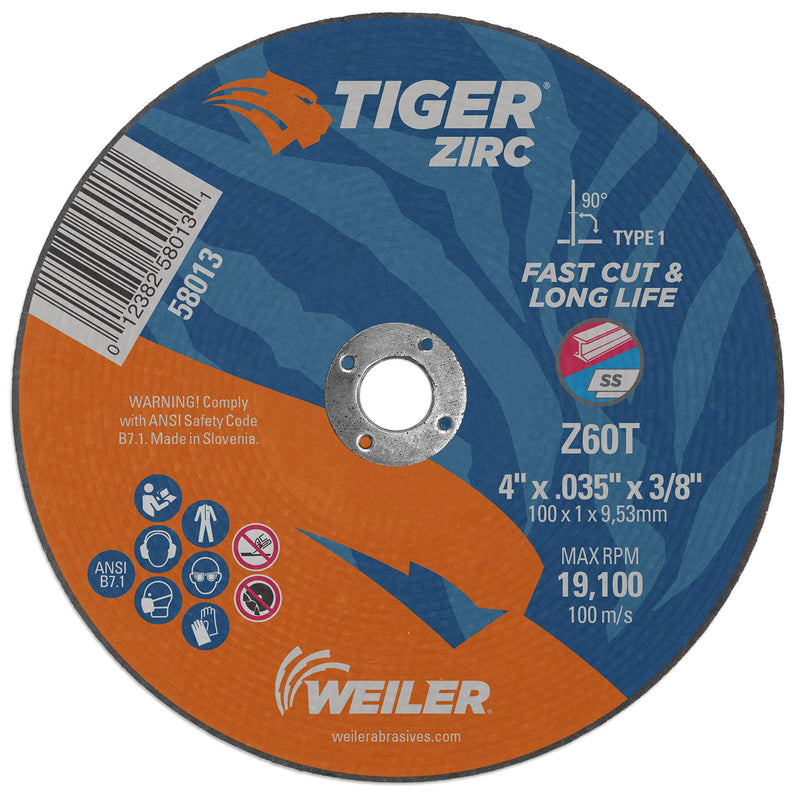 Weiler 58013 4" x .035" Tiger Zirc Type 1 Cutting Wheel, Z60T, 3/8" A.H. (Pack of 25) 4" Dia TYPE 1 3/8" Arbor