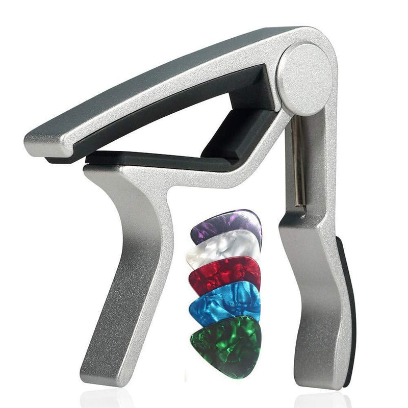 WINGO Quick-Change capo for 6 String Steel Acoustic and Electric Guitars with 5 Picks for Free,Silver Silver