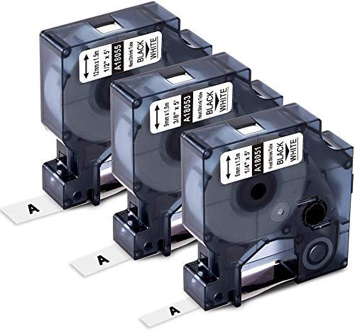 3-Pack Aonomi Compatible Label Tapes Replacement for DYMO 18051 18053 18055 (1/4", 3/8", 1/2") Heat Shrink Tube Labels for DYMO Rhino 4200 5200 5000 Industrial Label Maker, Black on White, 4.9 Feet