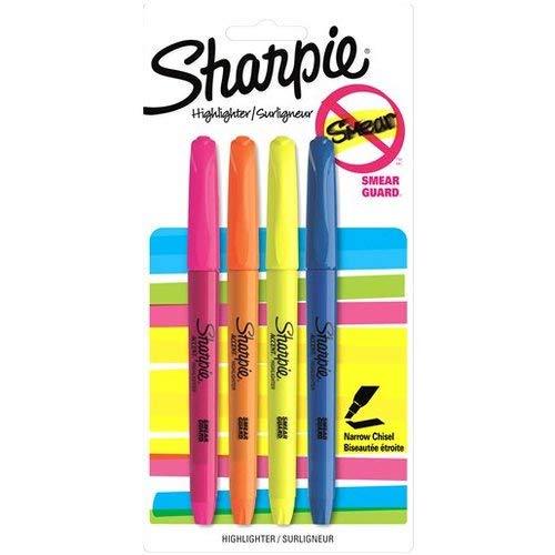 Sharpie Pocket Highlighter – Smear Safe Ink – Chisel Tip - 3 Varying Colors – Great Gift for Journaling, Highlighting and Studying - 4-pack