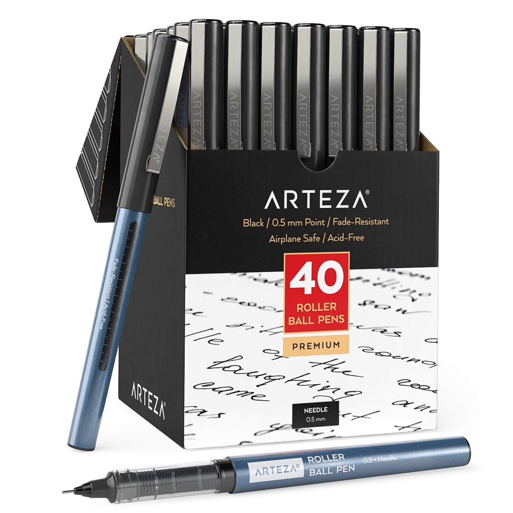 Arteza Rollerball Pens Fine Point, Set of 40 Black Liquid Ink, Extra Fine 0.5 mm Needle Tip Pen, Make Precise Lines, Office Supplies for Writing, Notetaking, and Drawing 40 Pack - 0.5 mm