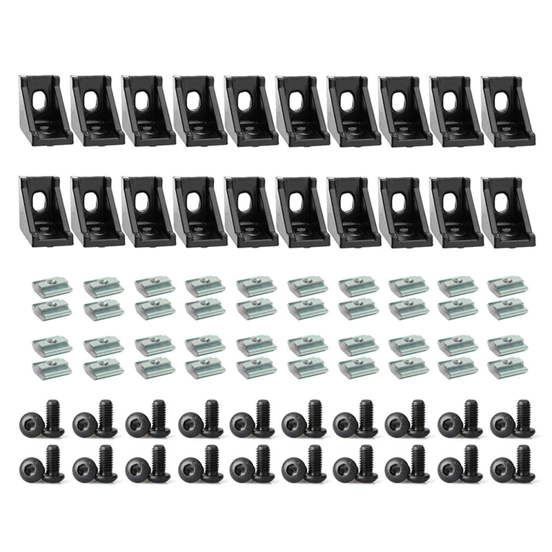20Sets Black 2020 Series Aluminum Profile Connector Set, 20pcs Corner Bracket, 40pcs T Nuts and Hex Screw Bolt for Slot 6mm 20S Aluminum Rail Accessories 20Set Black with Screw Nut