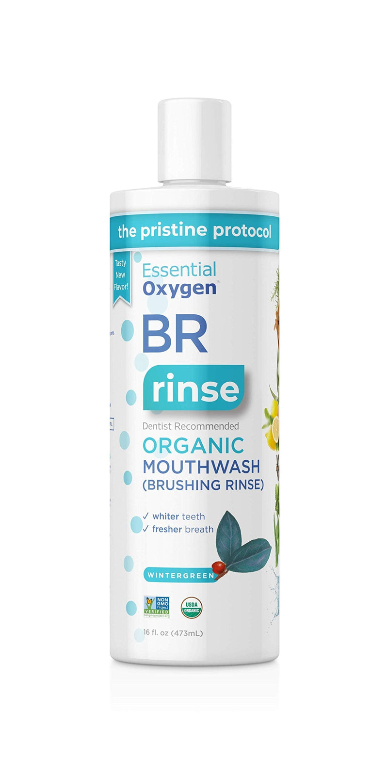 Essential Oxygen Certified BR Organic Brushing Rinse, All Natural Mouthwash for Whiter Teeth, Fresher Breath, and Happier Gums, Alcohol-Free Oral Care, Wintergreen, 16 Ounce 16 Ounce (Pack of 1)