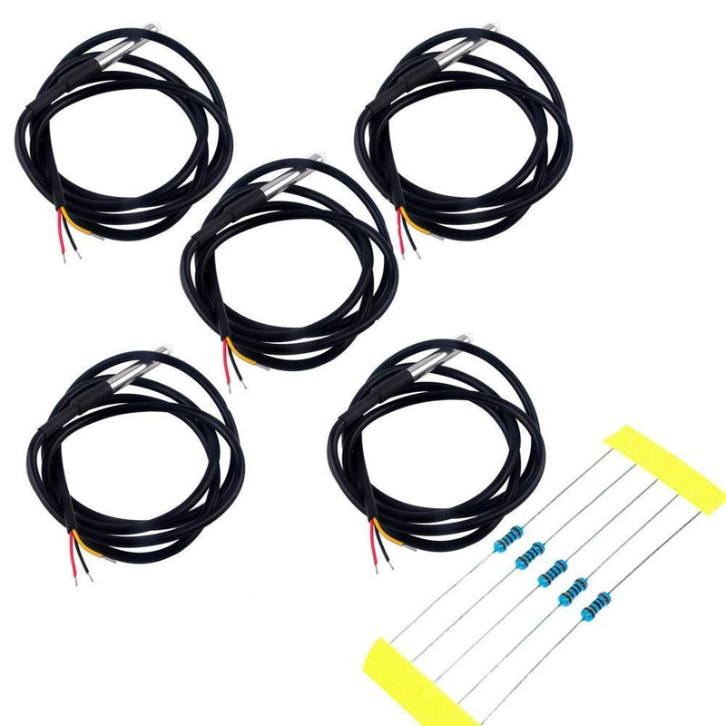 Geekstory 5PCS DS18B20 Temperature Sensor, Waterproof Temp Digital Thermal Probe 1M 39.3inch with 4.7KΩ Resistor for Arduino 1 Meter DS18B20 Temperature Sensor