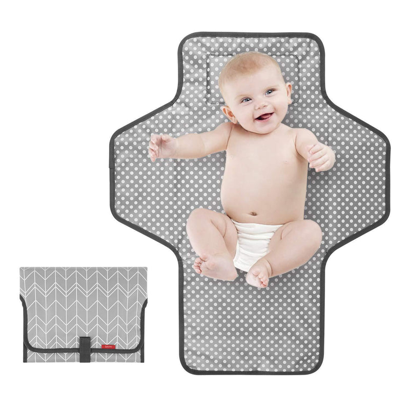 Portable Changing Pad for Baby|Travel Baby Changing Pads for Moms, Dads|Waterproof Portable Changing Mat with Built-in Pillow|Excellent Baby Shower/Registry Gifts Lt Grey with Print
