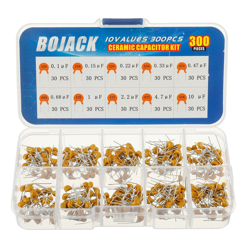 BOJACK 10 Values 300 Pcs Ceramic Capacitor 0.1 0.15 0.22 0.33 0.47 0.68 1 2.2 4.7 10 uF Multilayer Monolithic Ceramic Capacitor Assortment Kit 0.1uF-10uF